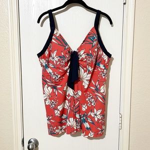[Avenue]Woman’s Swim Top Coral Blue Trim White Floral Print Summer Beach Size 24